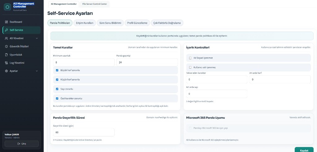 AD Management Controller: Self-Service ayarları - Parola kuralları ve içerik kontrolleri birkaç anahtarla.